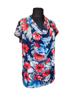 Bluzka kimono z luźnym dekoltem - granatowa czerwone kwiaty